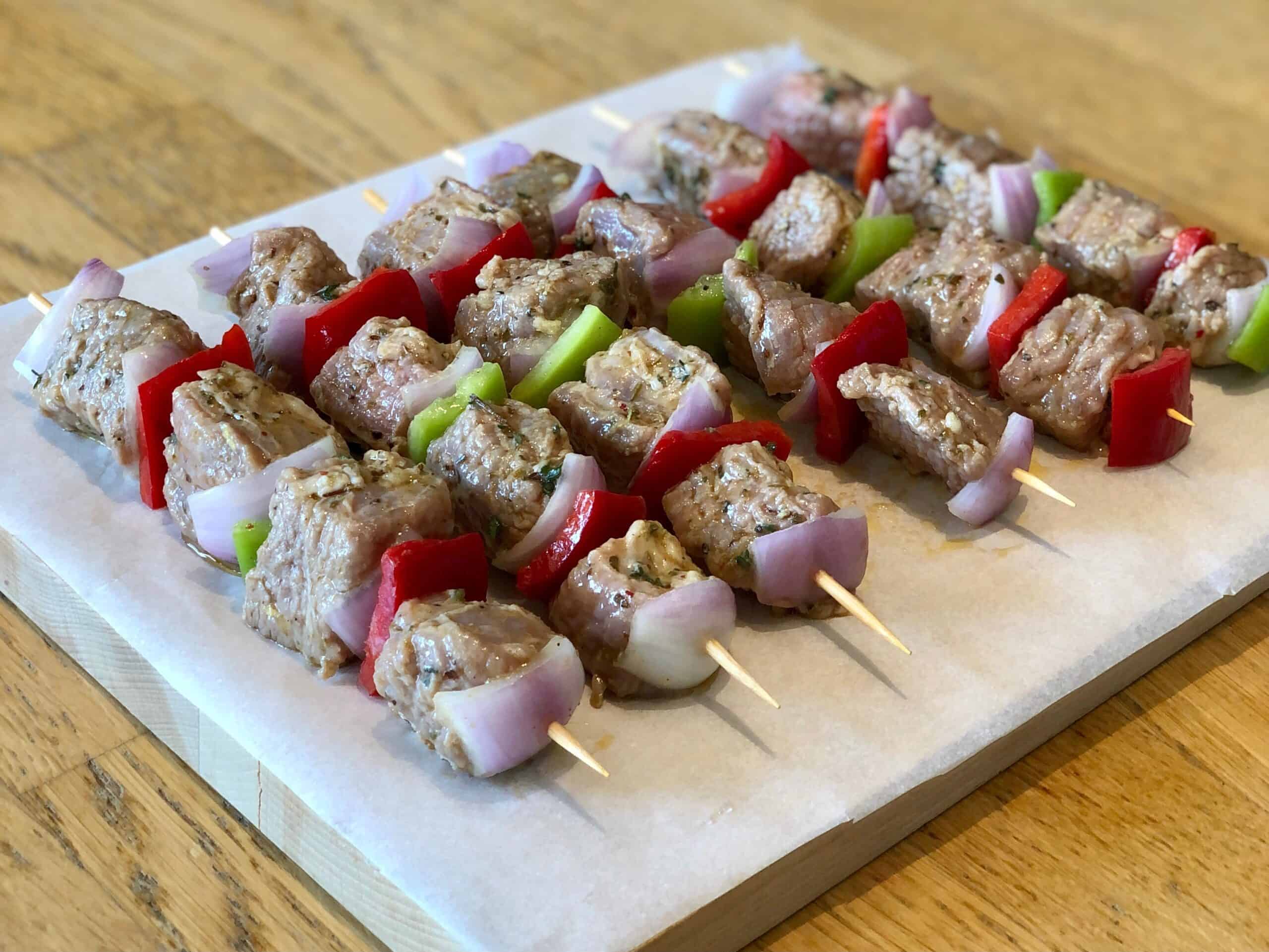 Marinated Greek Beef Souvlaki Skewers (Beef Kabobs) ready to grill