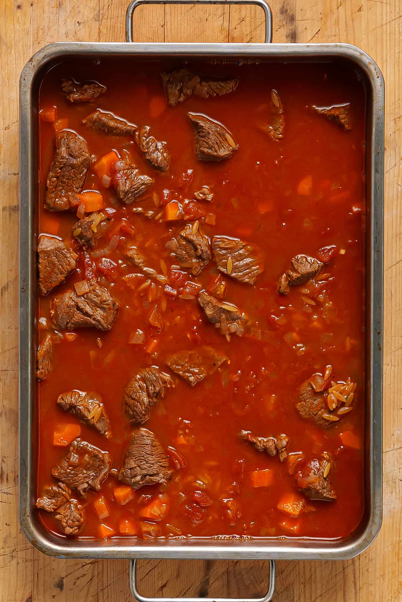Youvetsi preparation (Greek Beef stew with Orzo pasta)